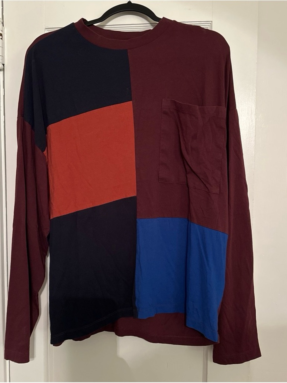 ASOS Burgundy Colorblock Long-Sleeve Pocket Tee with Blue and Brick Panels